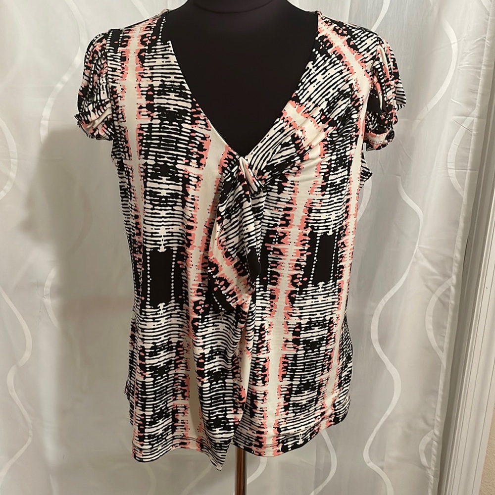 Worthington Petite Stretch, Beige, Black & Pink Print Top, PL